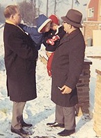 Me, my son Marc, Condee and Bill in his George Raft hat. Outside my house in Bushey Heath in 1962